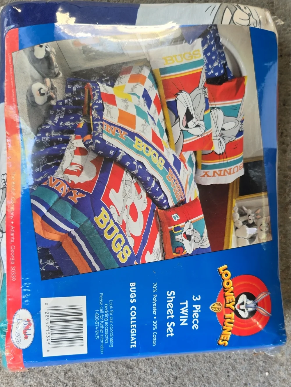 NWT Vintage 80s Looney Tunes Bugs Bunny Twin 3-Piece Sheet Set - Blue/Red